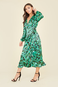 Green Satin Animal Print Ruffle Hem Wrap Midi Dress