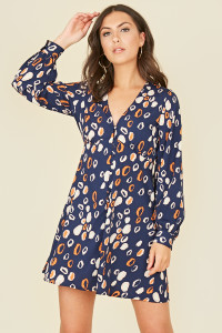 Navy Abstract Animal Print Long Sleeve Mini Tea Dress