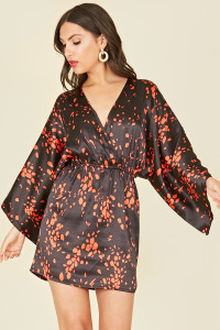 Black Red Scattered Splodge Satin Print Fixed Wrap Batwing Sleeve Mini Dress