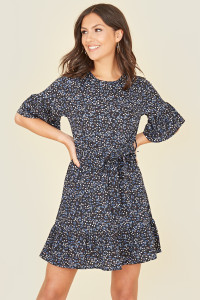 Black Blue Ditsy Floral Ruffle Hem Waist Belted Mini Dress