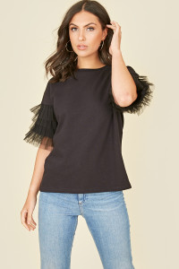 Black Jersey Sweat Top with Ruffle Mesh Sleeve