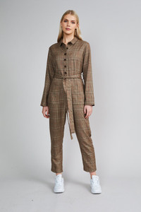 Native Youth Brown Check Belted Boiler Suit Utility Jumpsuit