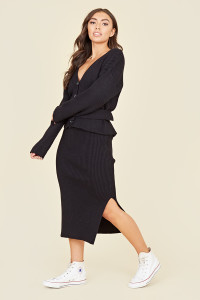 Black Chunky Knitted Ribbed Drop Shoulder Belted Cardigan