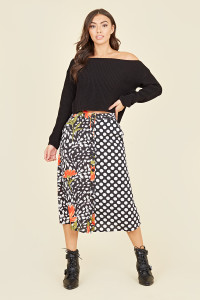 Multi Floral and Contrast Polka Dot Button Through Midi Skirt
