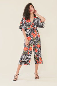 Multi Floral Print Kimono Sleeve Wrap Culotte Jumpsuit
