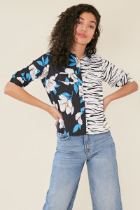 Multi Mix and Match Zebra with Floral Print Button Down Crop Shirt