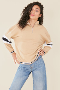 Stone Colour Block Funnel Neck Sweat Top