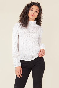 White Satin Spot High Neck Long Sleeve Shell Top