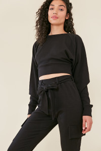 Black Balloon Sleeve Knitted Crop Jumper