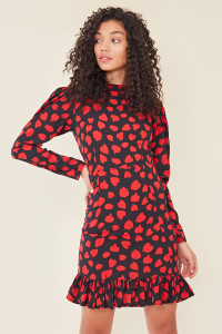Black Red Heart Print Ruffle Frill Hem Mini Dress