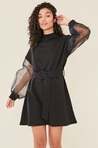 Black High Neck Organza Sleeve Self Belted Sweat Dress