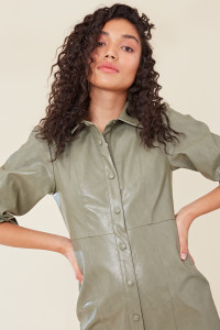 Sage Green PU Shirt Dress with Puff Sleeves