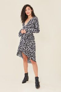 Black Ditsy Floral Print Flared Sleeve Wrap Midi Dress