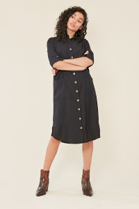 Black Midi Shirt Dress with Button and Pocket Detail