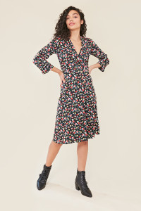 Black Floral Print Side Button Midi Dress