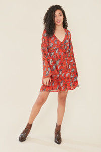 Rust Paisley Print Smock Dress With Flare Sleeves