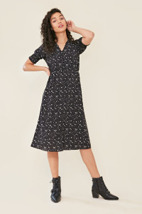 Black Heart Print Button Detail Shirred Sleeve Split Midi Dress