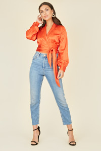 Orange Satin Revere Collar Long Sleeve Wrap Top