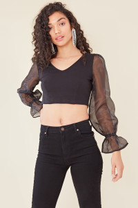 Black Jersey Cropped V Neck Organza Sleeve Top