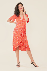 Red Base Abstract Heart Print Satin Wrap Frill Hem Midi Dress