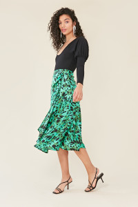 Green Satin Animal Print Midi Skirt