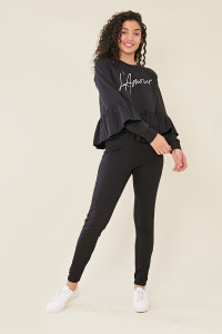 Black Slogan Front Frill Hem and Sleeve Sweat Top