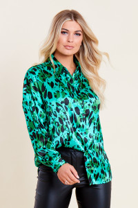 Green Satin Splodge Print Oversized Shirt