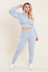 Grey Loop Back Shirred Waist Zip Through Crop Hoodie