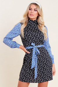 Multi Mixed Abstract Print Ruffle High Neck Belted Mini Dress