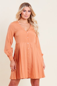 Apricot Button Down Smock Dress with Pleat Skirt