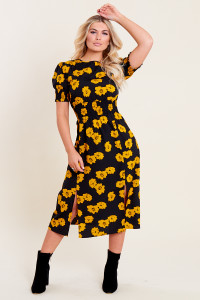 Black Floral Print Shirred Waist and Cuff Split Front Midi Dress