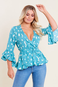 Teal Green Splodge Print Ruffle Hem Frill Sleeve Belted Wrap Top