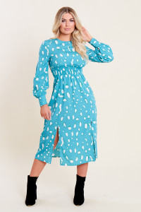 Teal Green Splodge Print Shirred Waist Split Skirt Midi Dress