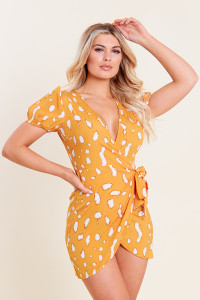 Mustard Splodge Print Mini Wrap Dress with Puff Sleeves