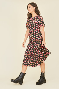 Black Floral Print Shirred Bodice Tiered Midi Smock Dress