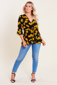 Black Yellow Floral Print Ruffle Hem Frill Sleeve Belted Wrap Top