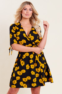 Black Yellow Floral Print Wrap Tie Sleeve Skater Dress