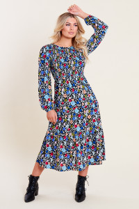 Multi Floral Print Shirred Bodice Tiered Midi Dress