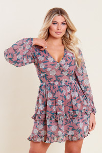 Pink Floral Georgette Long Sleeve Skater Dress with Ruffle Detail