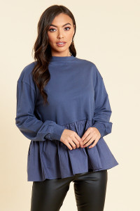 Blue Peplum Hem Sweat Top with Contrast Cotton Poplin Hem