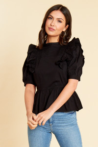Black Cotton Poplin Peplum Hem Top with Puff Sleeve