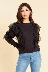 Black Long Sleeve Sweatshirt with Organza Ruffle Detail