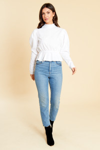 White Cotton High Neck Poplin Peplum Hem Top