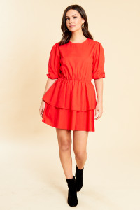Red Cotton Poplin Puff Sleeve Double Layer Skirt Skater Dress