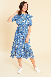Blue Floral Shirred Waist Midi Dress with Puff Sleeves