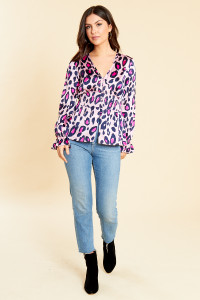Pink Satin Leopard Print Button Detail Shirred Waist Tea Top
