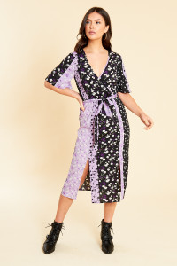 Black and Lilac Mixed Floral Print Wrap Midi Dress with Split Front