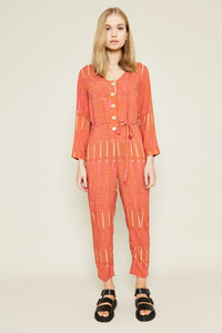 Printed Loose Fit Jumpsuit With Statement Buttons Skinny Belt