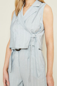 Blue Wrap Over Blouse With Self Tie