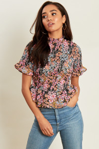 Ditsy Print Shirred Peplum Hem Top with Ruffle Sleeves